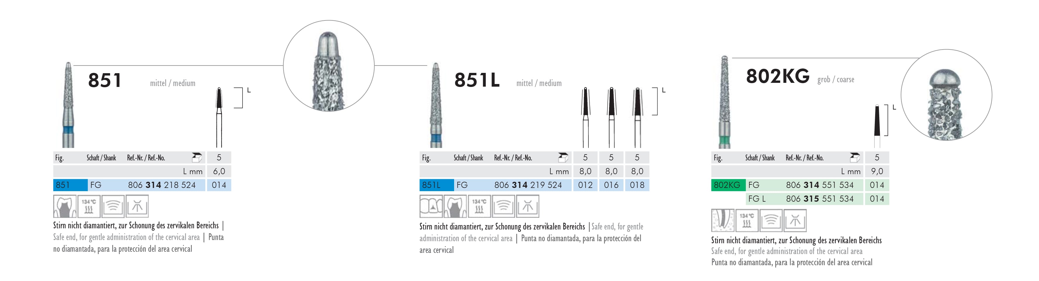 meisinger 802kg, 851l and 851 conical, end domed and ball, side cutting only burs