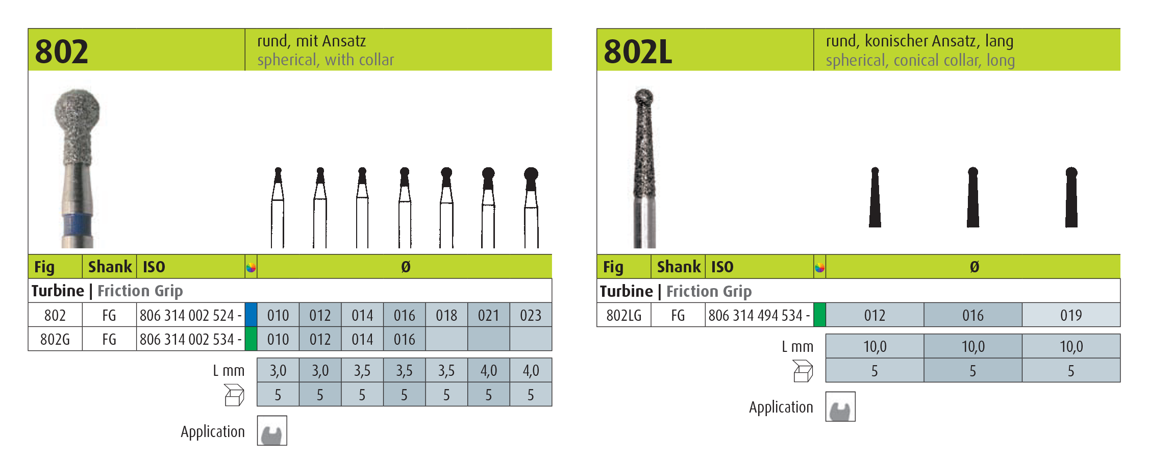 jota 802, 802l spherical, with collar burs