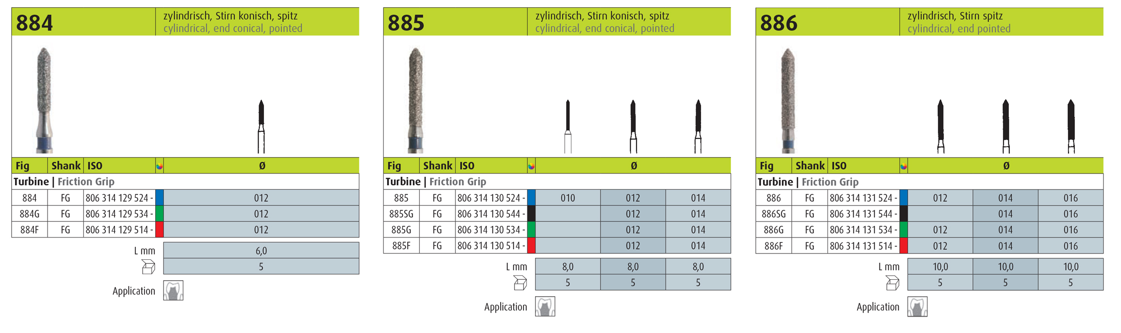 jota 884, 885, 886 cylindrical, end conical, pointed burs